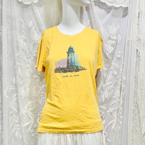 Life Is Good Women's Sunny Yellow Lighthouse Cotton Tee - Picture 1 of 6